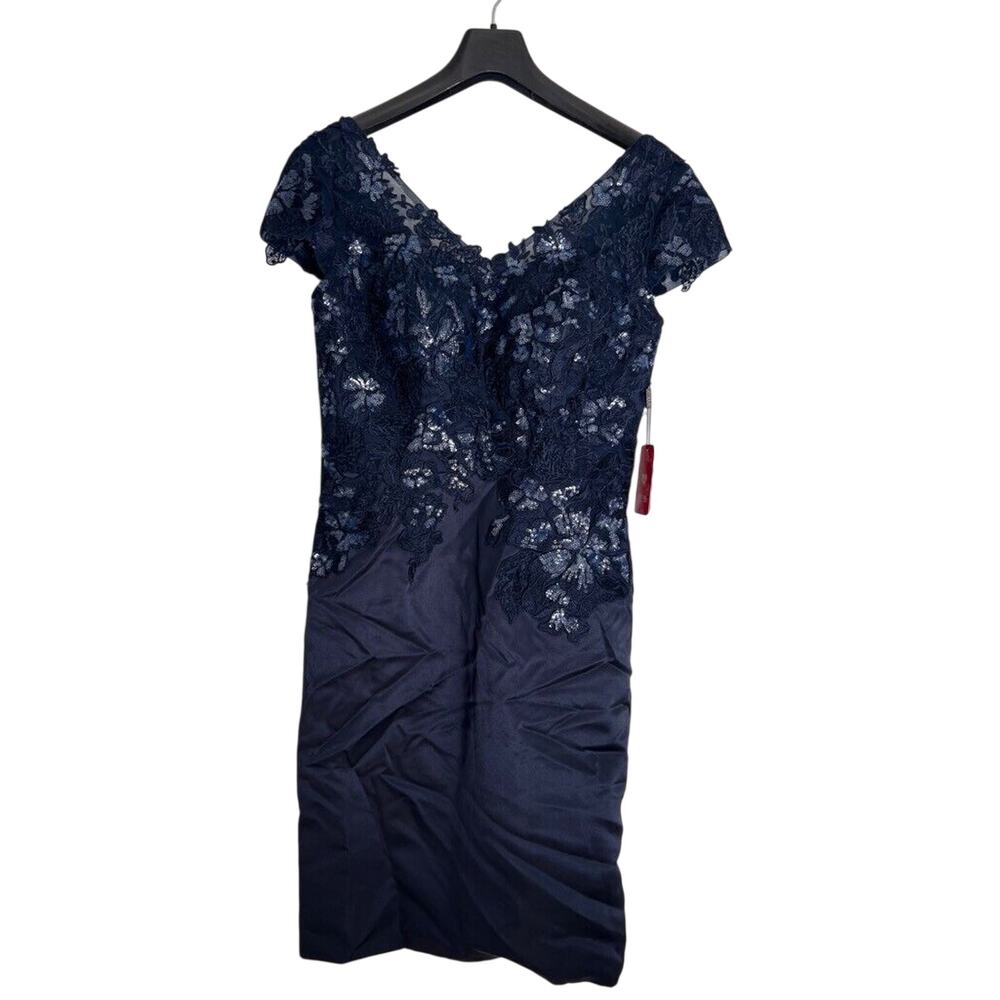 JJ's House Cocktail Party Dress Navy Sequin Lace Knee Length Cap Sleeve SIZE 10